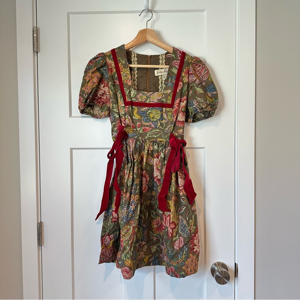 Vintage Neiman Marcus Floral Red Velvet Bow Green Dress with Puff Sleeves Small